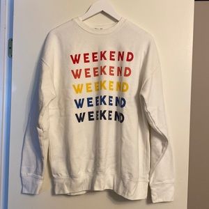 White “WEEKEND” crew neck. Size M.